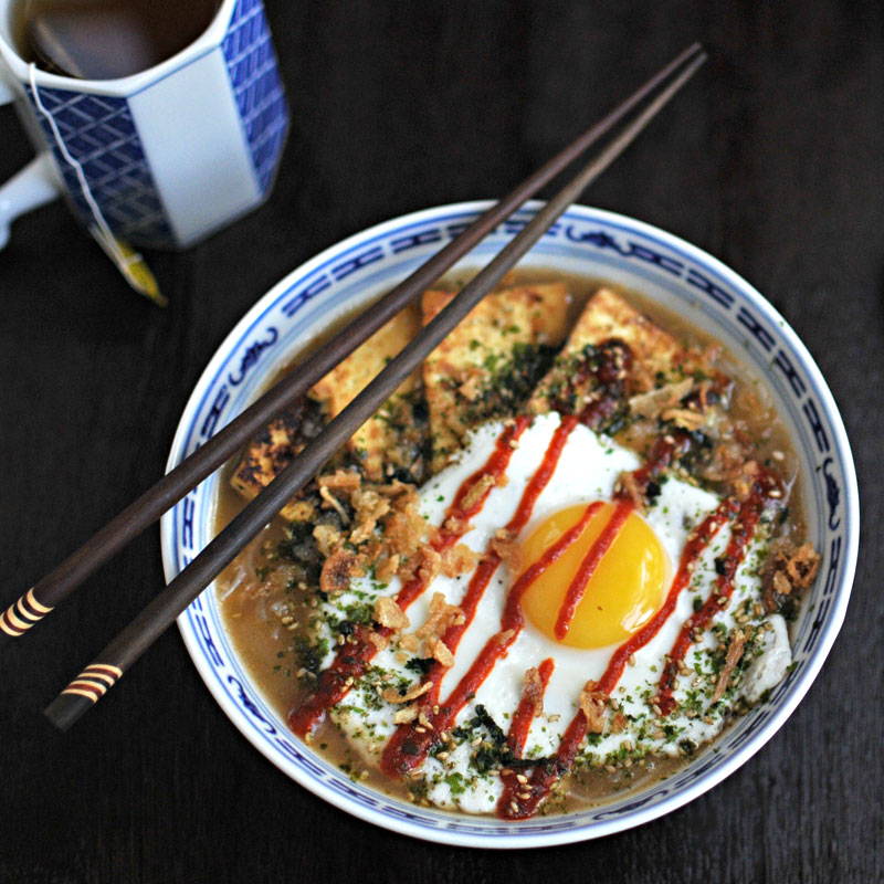 Tofu & Fried Egg Pho with Crispy Onions & Furikake | the pig and quill