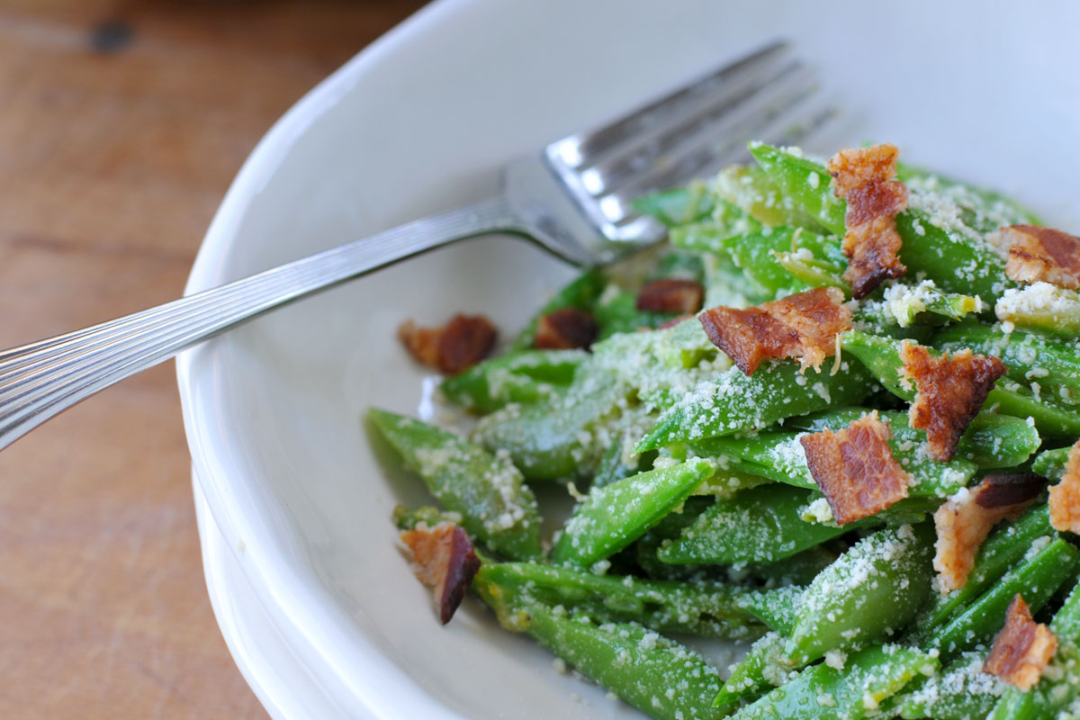 Snap Pea, Parmesan & Bacon Salad with Dijon Dressing | the pig & quill
