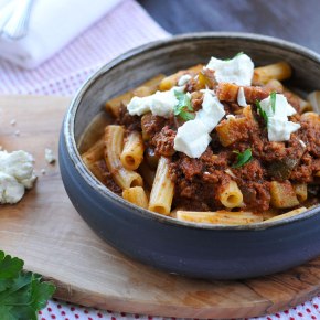 Pig n’ Prairie Pasta (Rigatoni with Easy Bacon & Bison Bolognese)